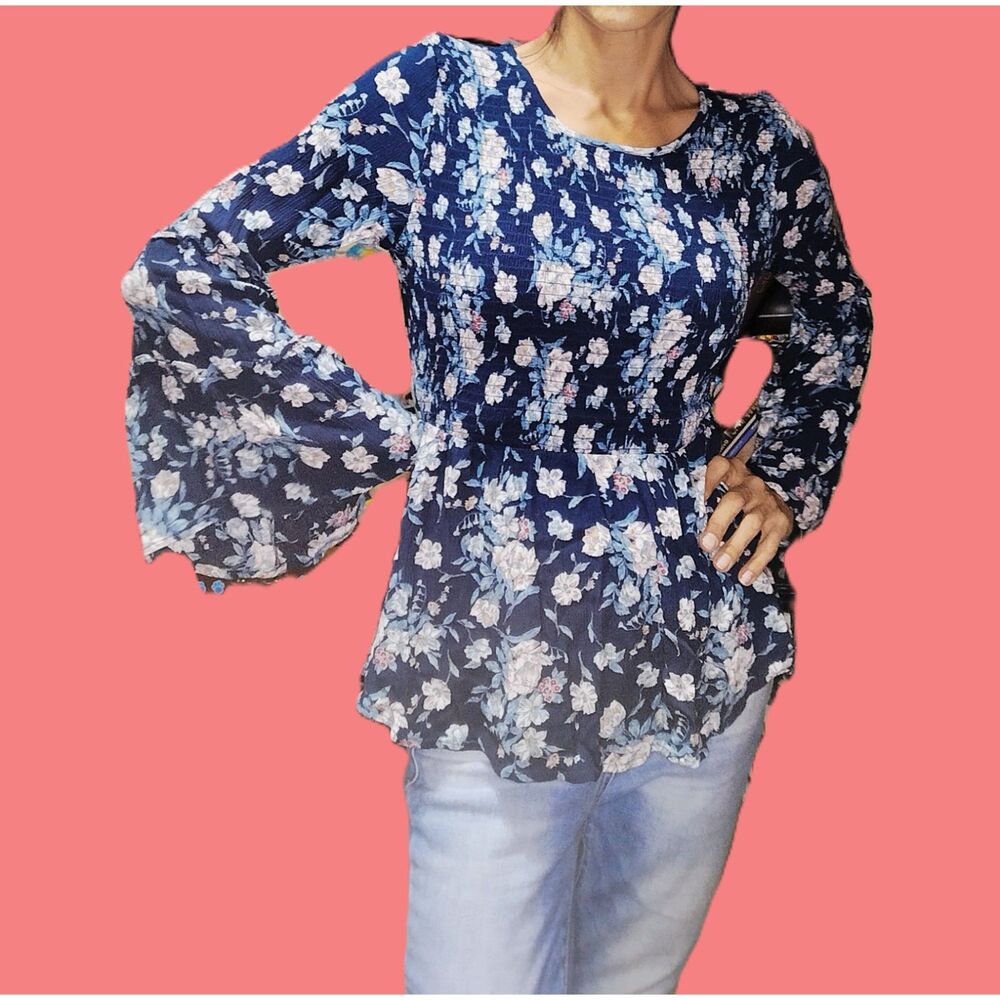 Blue Floral Babydoll Top with Smocked Bodice + Bell Sleeves ~ Medium